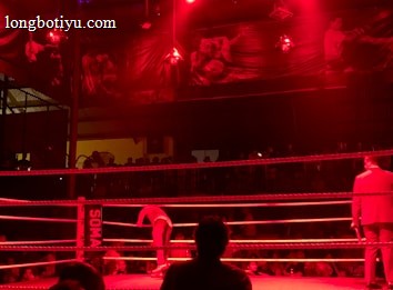 A wrestling ring is illuminated with red lighting, creating a dramatic atmosphere. Several people are visible around the ring, with silhouetted spectators in the foreground. Banners or art adorn the upper walls, and the venue has an industrial ceiling with exposed beams.